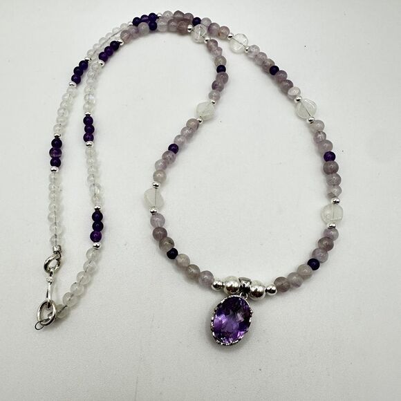 22" Revived moonstone, amethyst beaded and sterling silver necklace! - Picture 3 of 12
